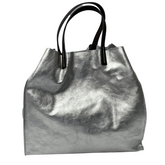 Stella - Leather  Metallic Handbag with Pouch - Silver